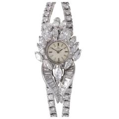 Omega Ladies Platinum Full Diamond Pave Quartz Bangle Wristwatch