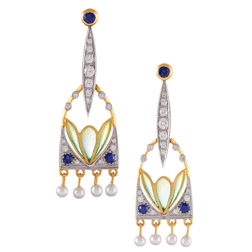 Masriera Plique a Jour Enamel Diamond Gemstone Gold Earrings