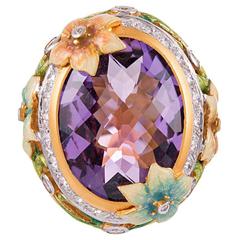 Masriera Plique a Jour Enamel 14.82 Carat Amethyst Diamond gold Ring 