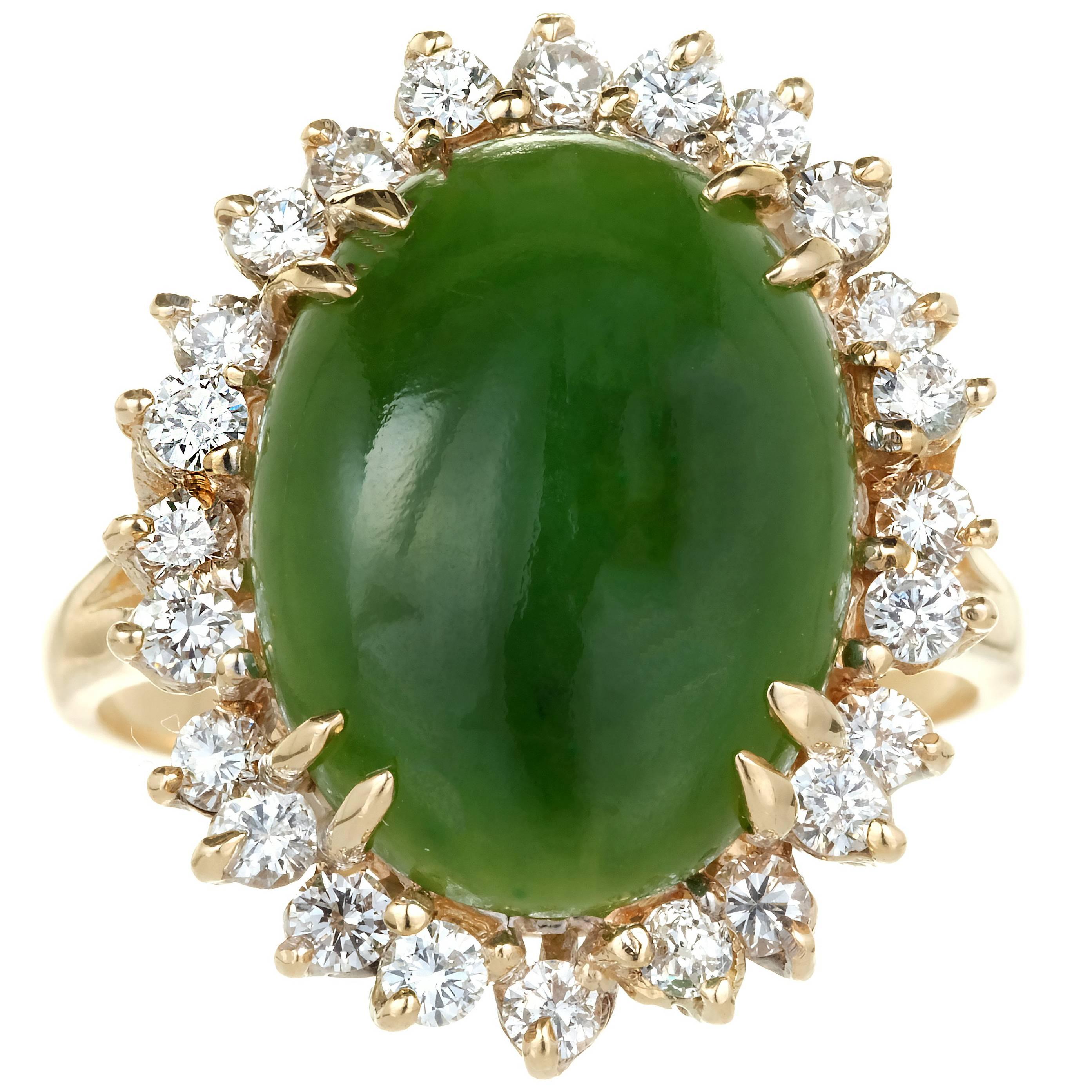 GIA Certified Nephrite Jade Diamond Halo Gold Cocktail Ring