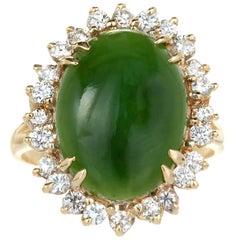 GIA Certified Nephrite Jade Diamond Halo Gold Cocktail Ring 9