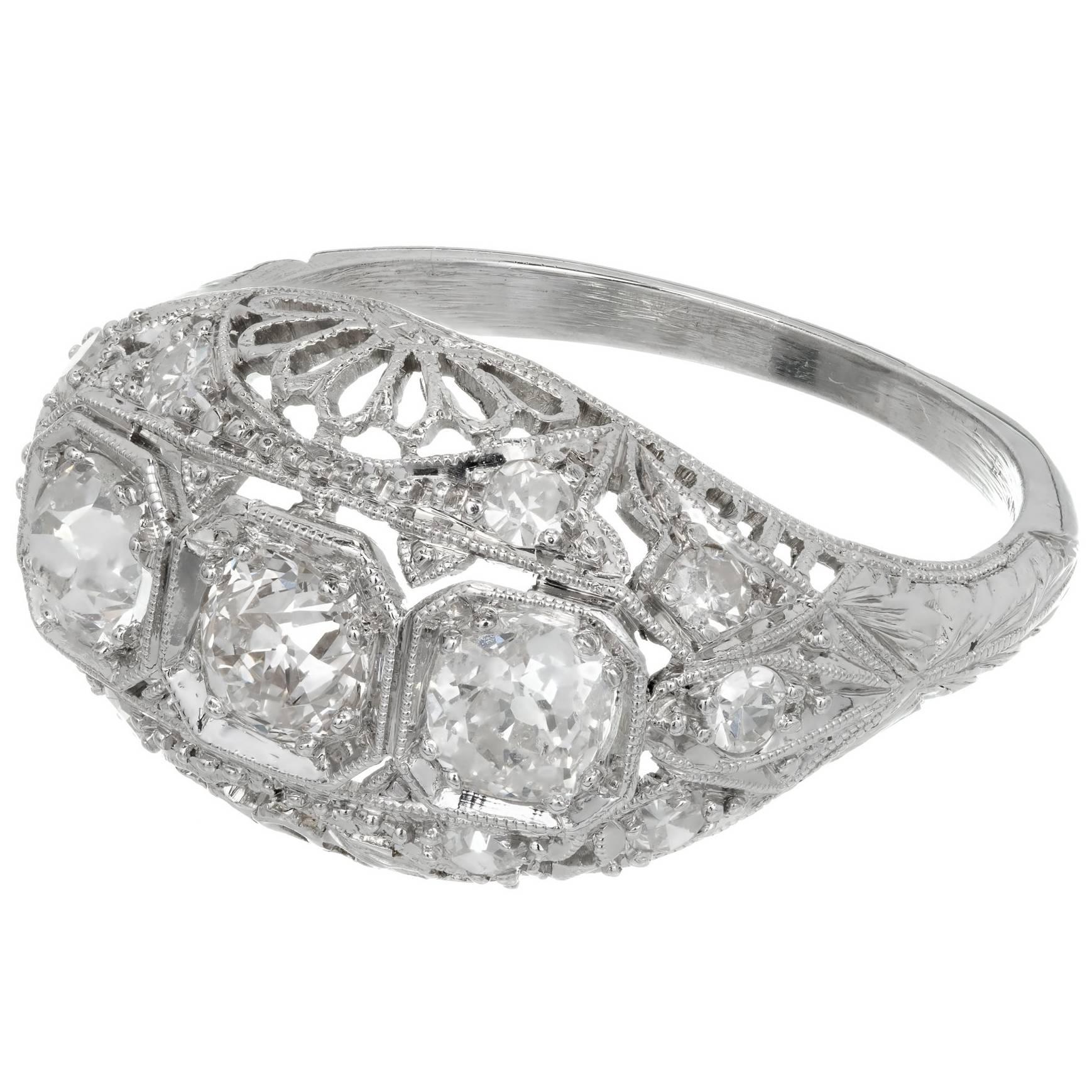Diamond Three-Stone Platinum Filigree Dome Engagement Ring