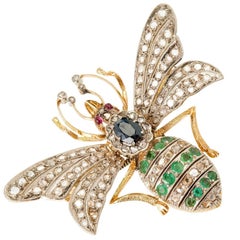 Victorian En Tremblant Sapphire Diamond Emerald Ruby Gold Honey Bee Brooche 5