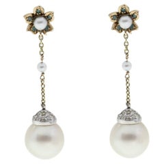  Gold Dangle Earrings with Diamonds and Australian Pearls