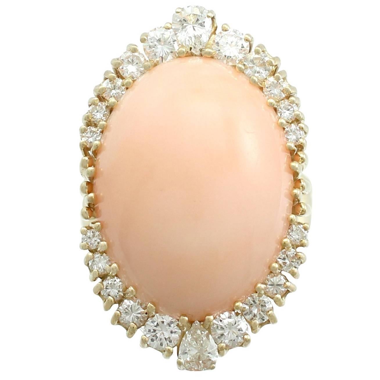 1970s 24.31 Carat Angel Coral and 1.82 Carat Diamond Yellow Gold Cocktail Ring