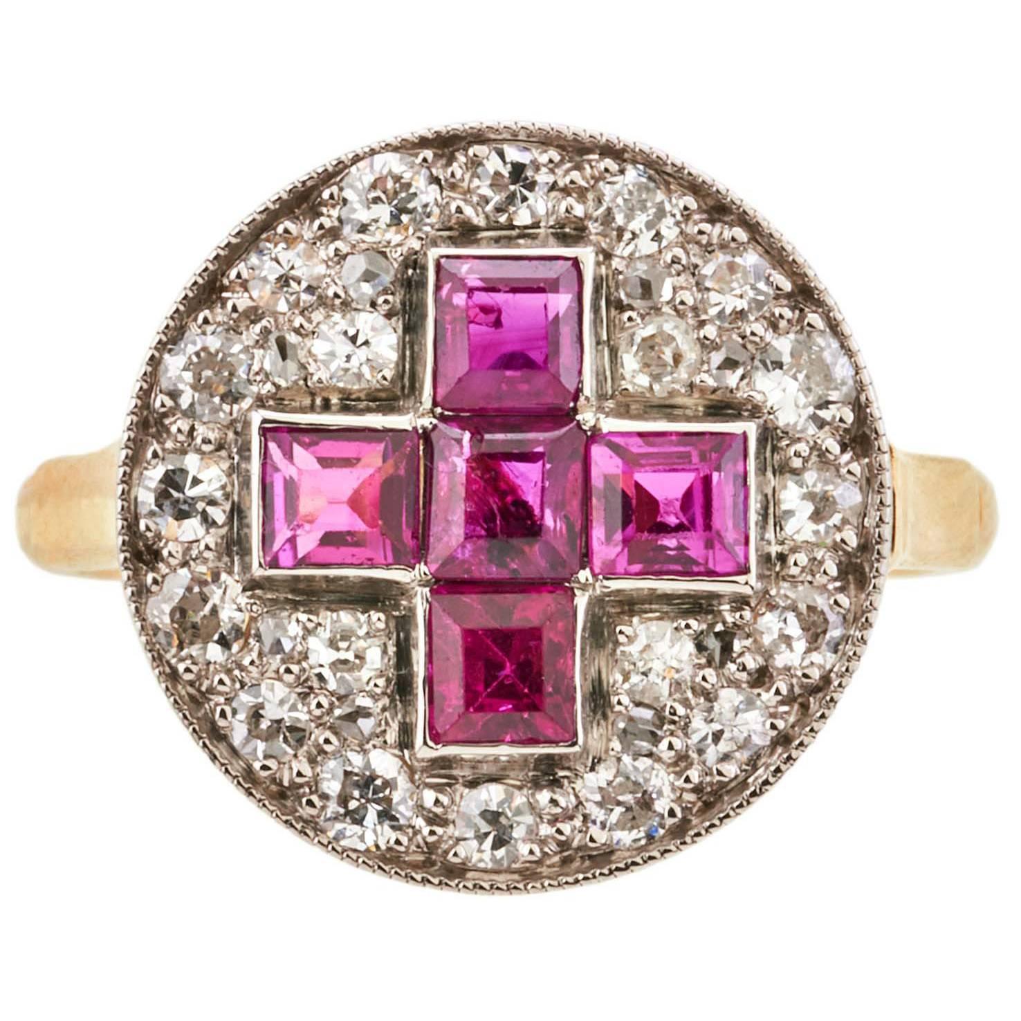 Antique Ruby and Diamond Cross Panel Ring For Sale