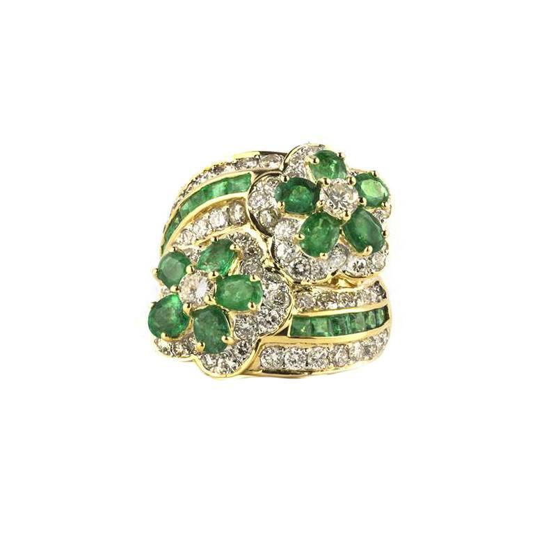 Emerald and Diamond Floral Crossover Ring