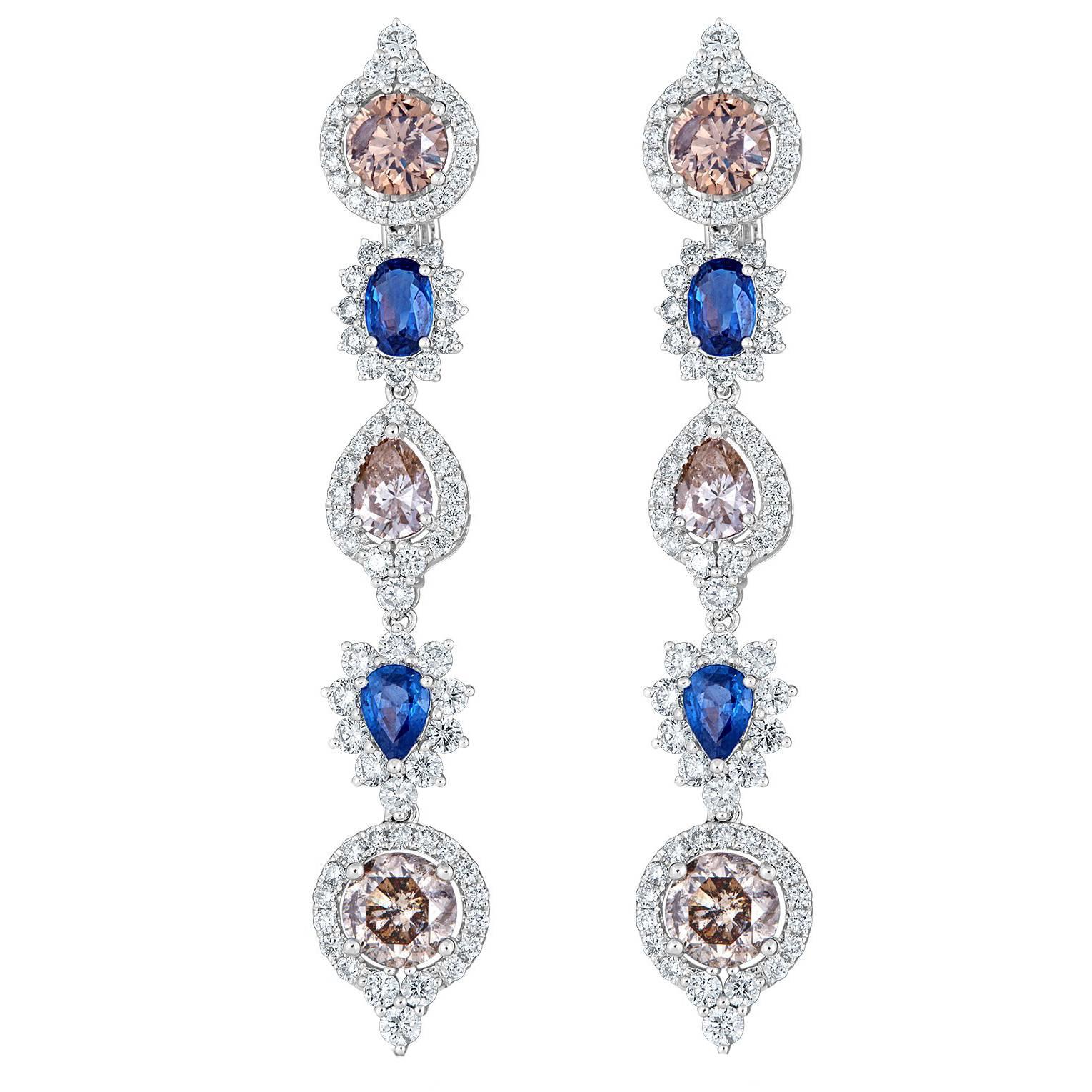 Blue Sapphire Brown and White Diamond Linear Earring For Sale