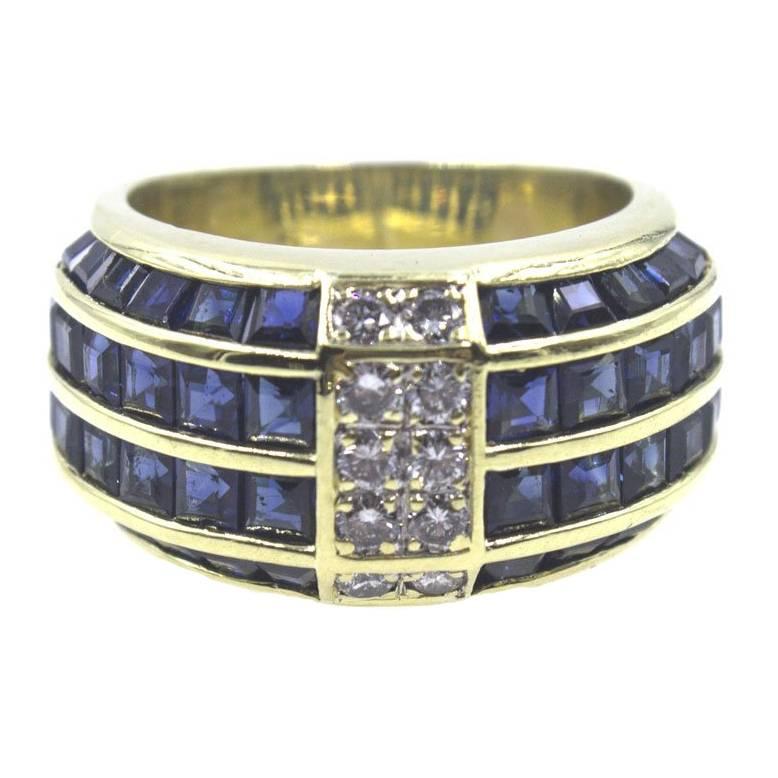 Blue Sapphire Diamond 18 Karat Yellow Gold Wide Band Ring