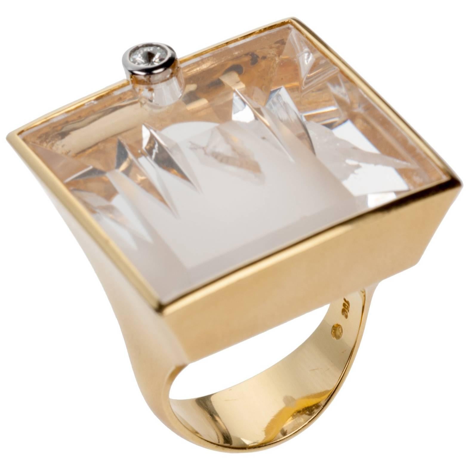Munsteiner Phantom Quartz and Diamond Ring in 18 Karat Yellow Gold For Sale