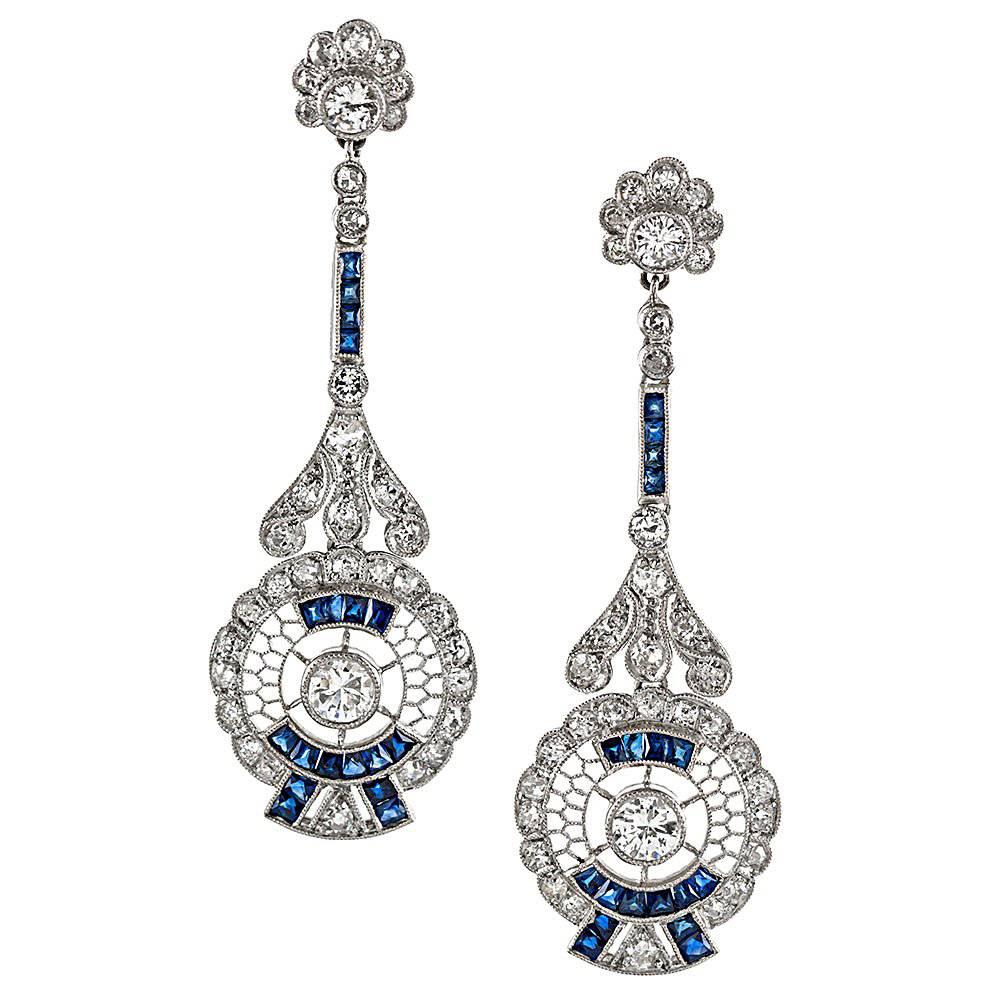 Handmade Sapphire Diamond Platinum Drop Earrings