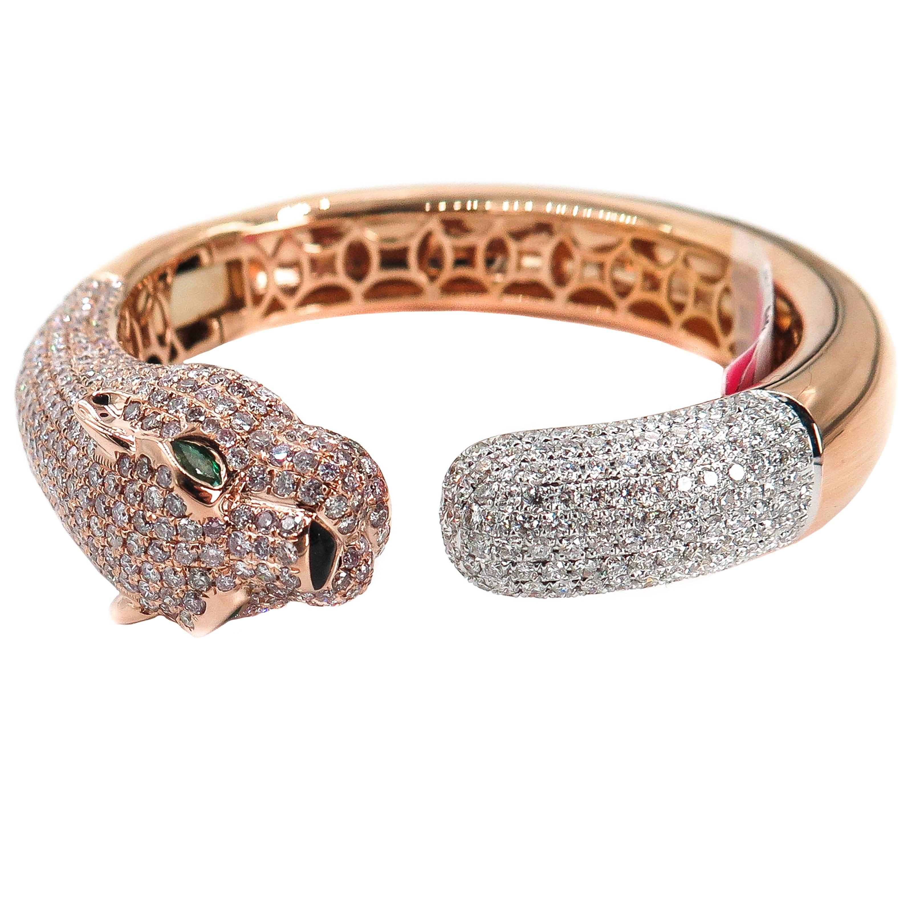 Natural Pink Diamond Panther Rose Gold Cuff Bracelet