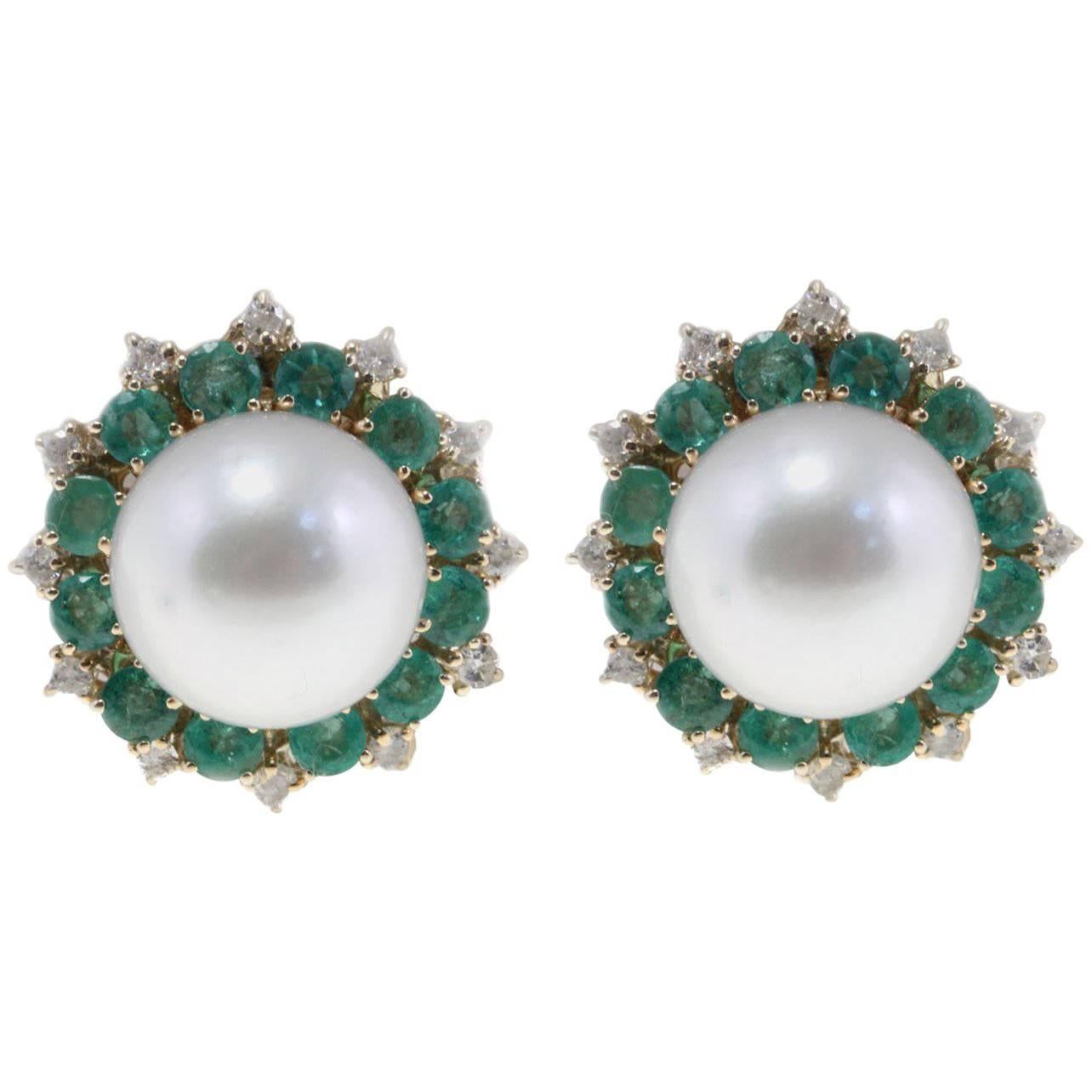  Emerald South Sea Australian Pearl Diamond Earrings
