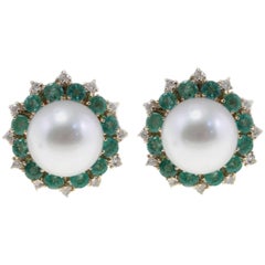 Vintage Emerald South Sea Australian Pearl Diamond Earrings