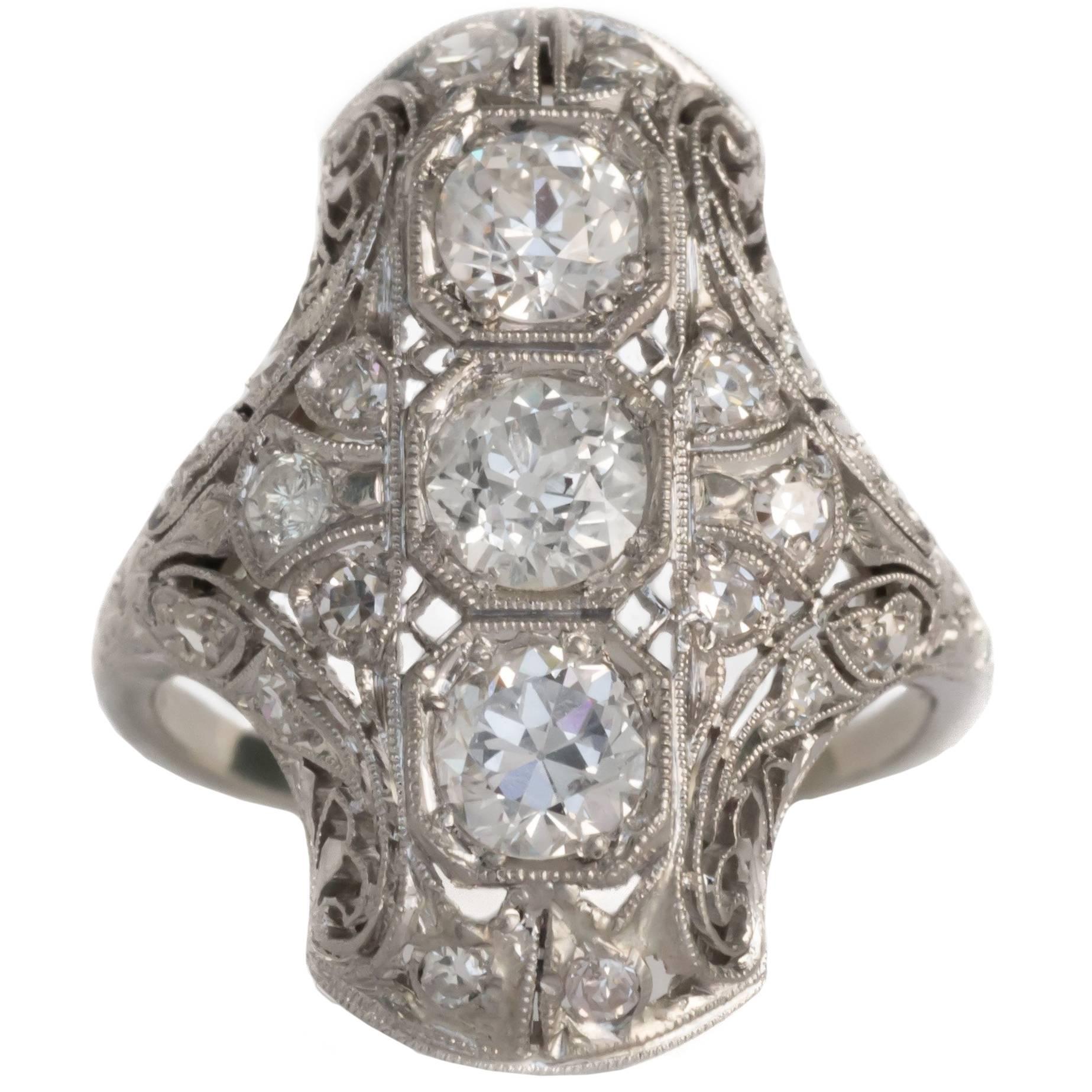 1920s Art Deco 2.00 Carat Old European Diamond Platinum Shield Ring