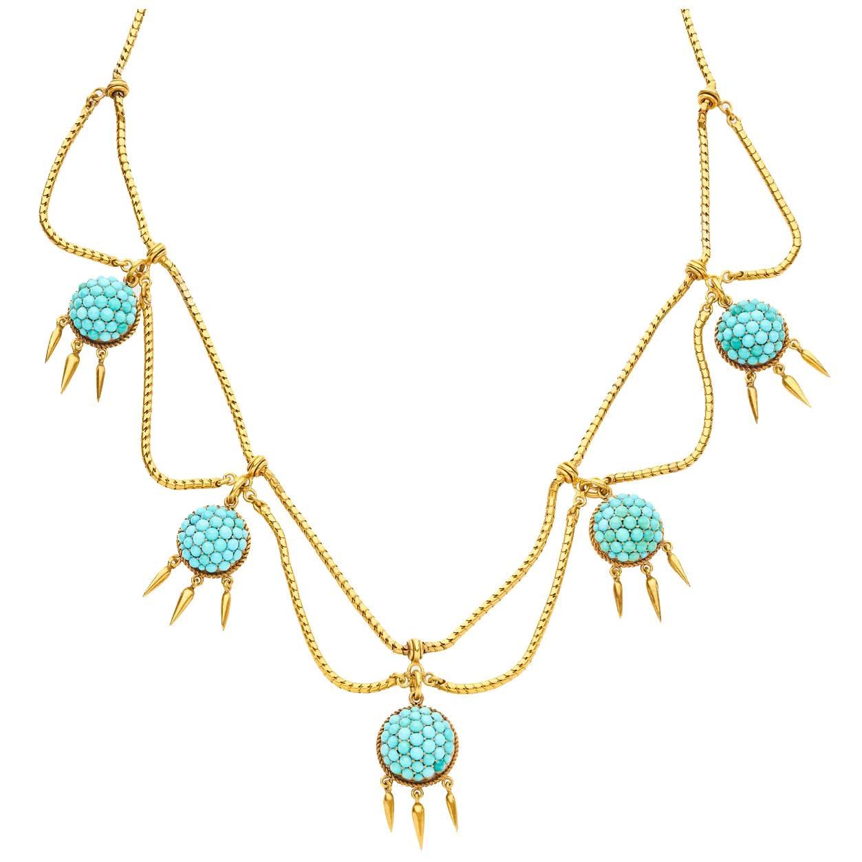 18 Carat Yellow Gold Turquoise Victorian Fringe Necklace For Sale