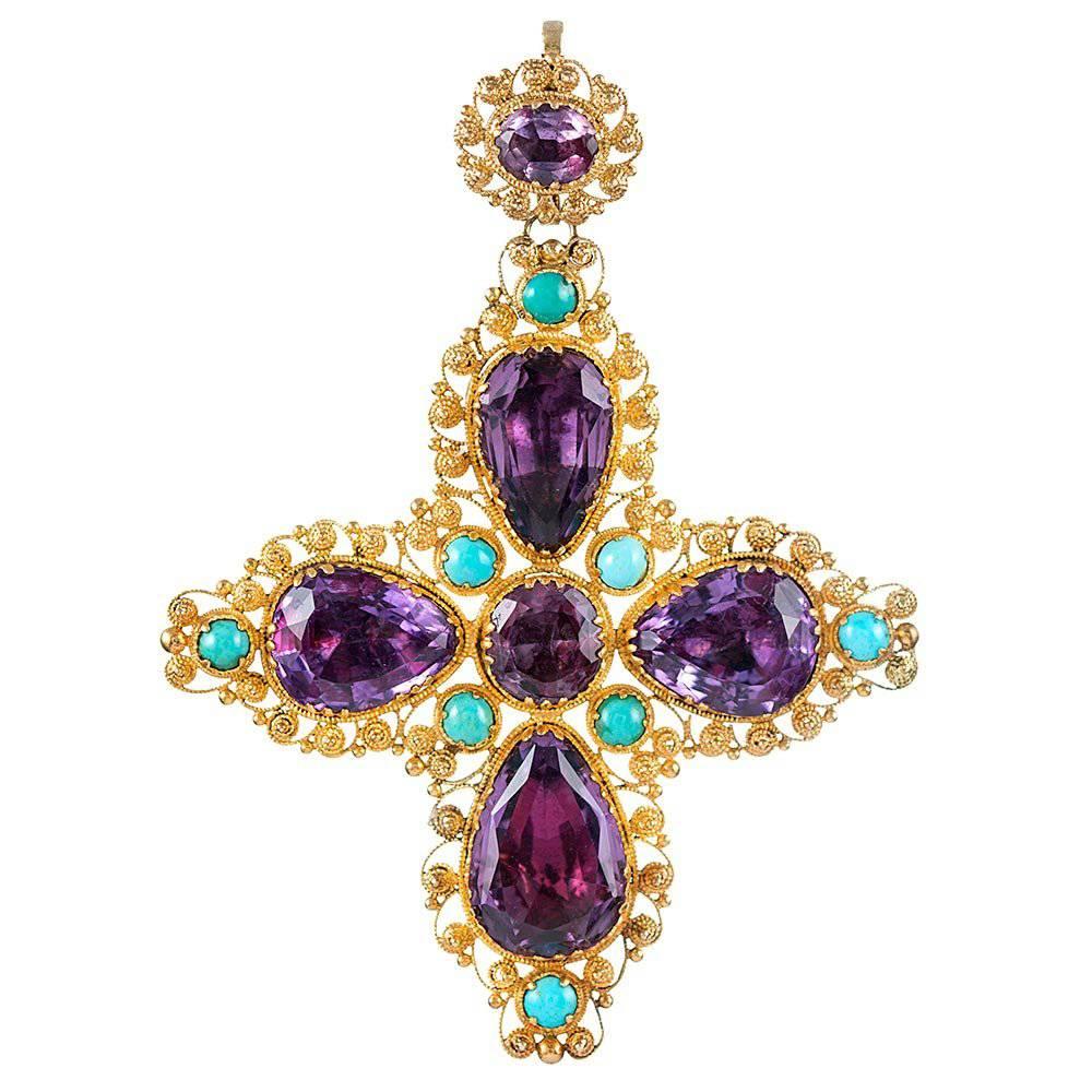 Victorian Cannetille Turquoise and Amethyst Cross Pendant
