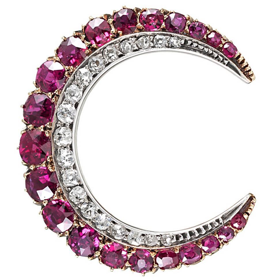 Edwardian Ruby and Diamond Crescent Moon Brooch