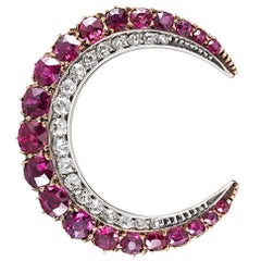 Antique Edwardian Ruby and Diamond Crescent Moon Brooch