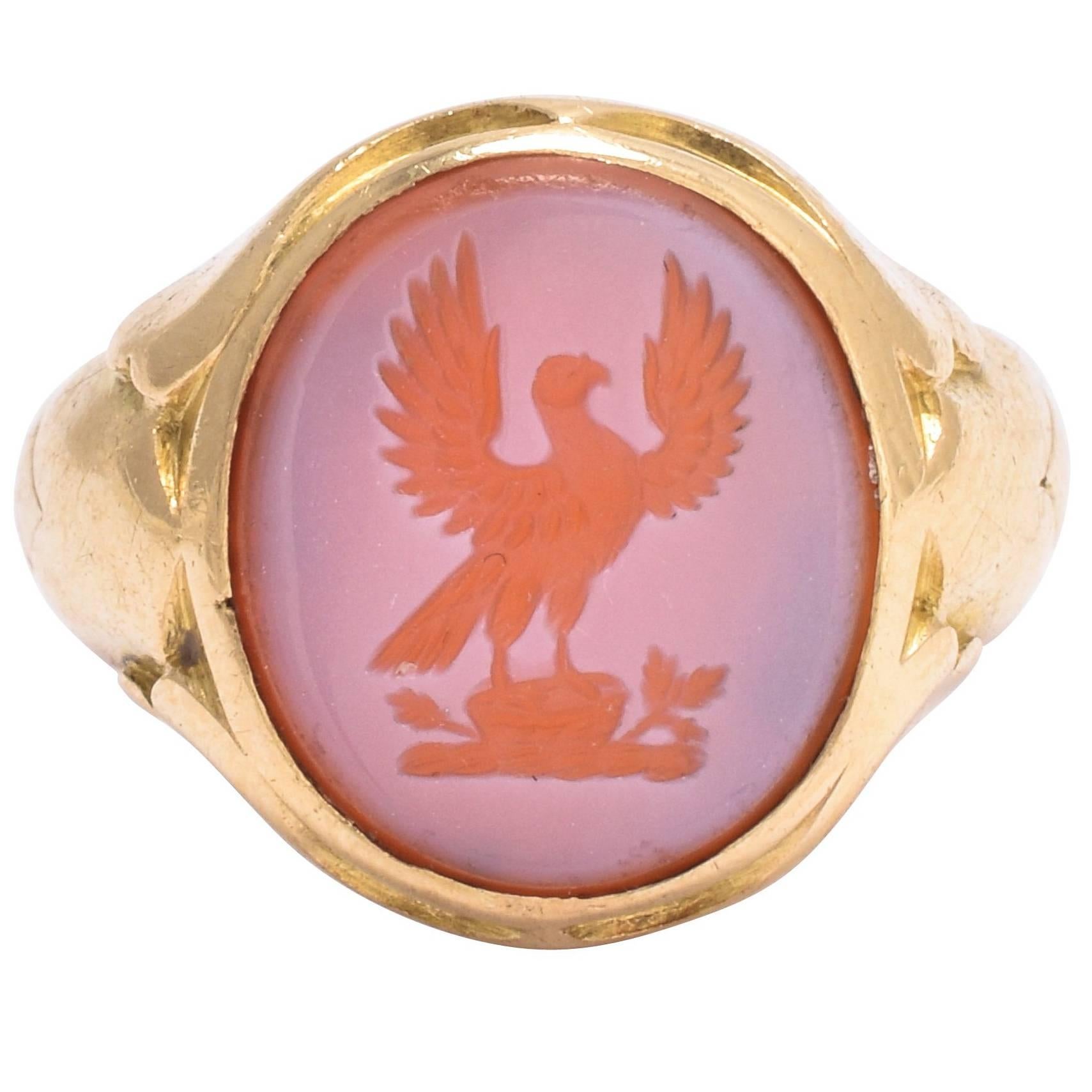 Mid-Victorian "Hawk and Oak" Intaglio Signet Ring