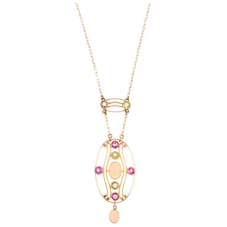 Arts & Crafts 15 Carat Gold Opal, Peridot and Garnet Necklace
