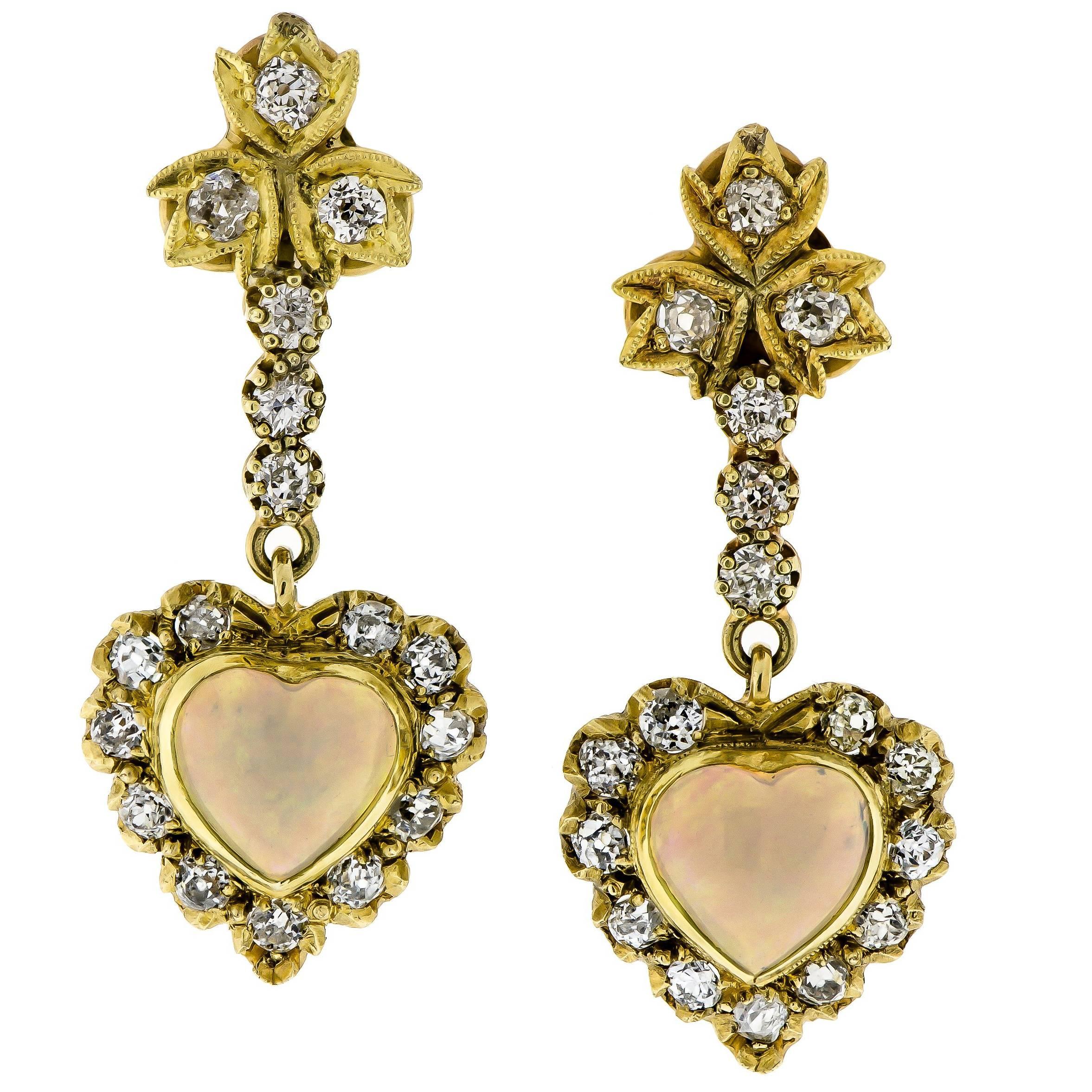 Lovely Victorian Revival Opal Diamond Yellow Gold Earrings