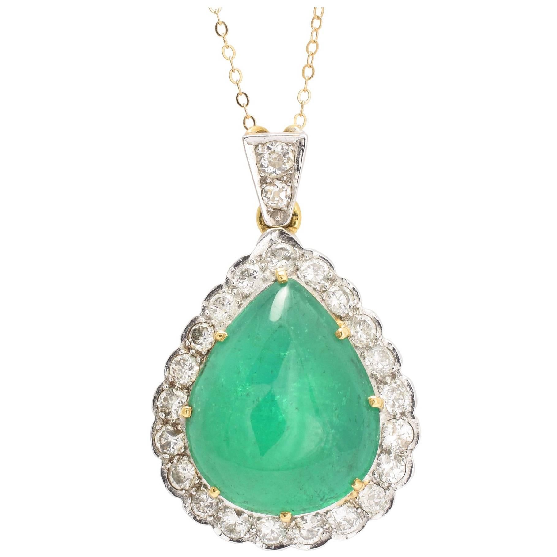 1970s 22.5 Carat Emerald and Diamond Teardrop Pendant