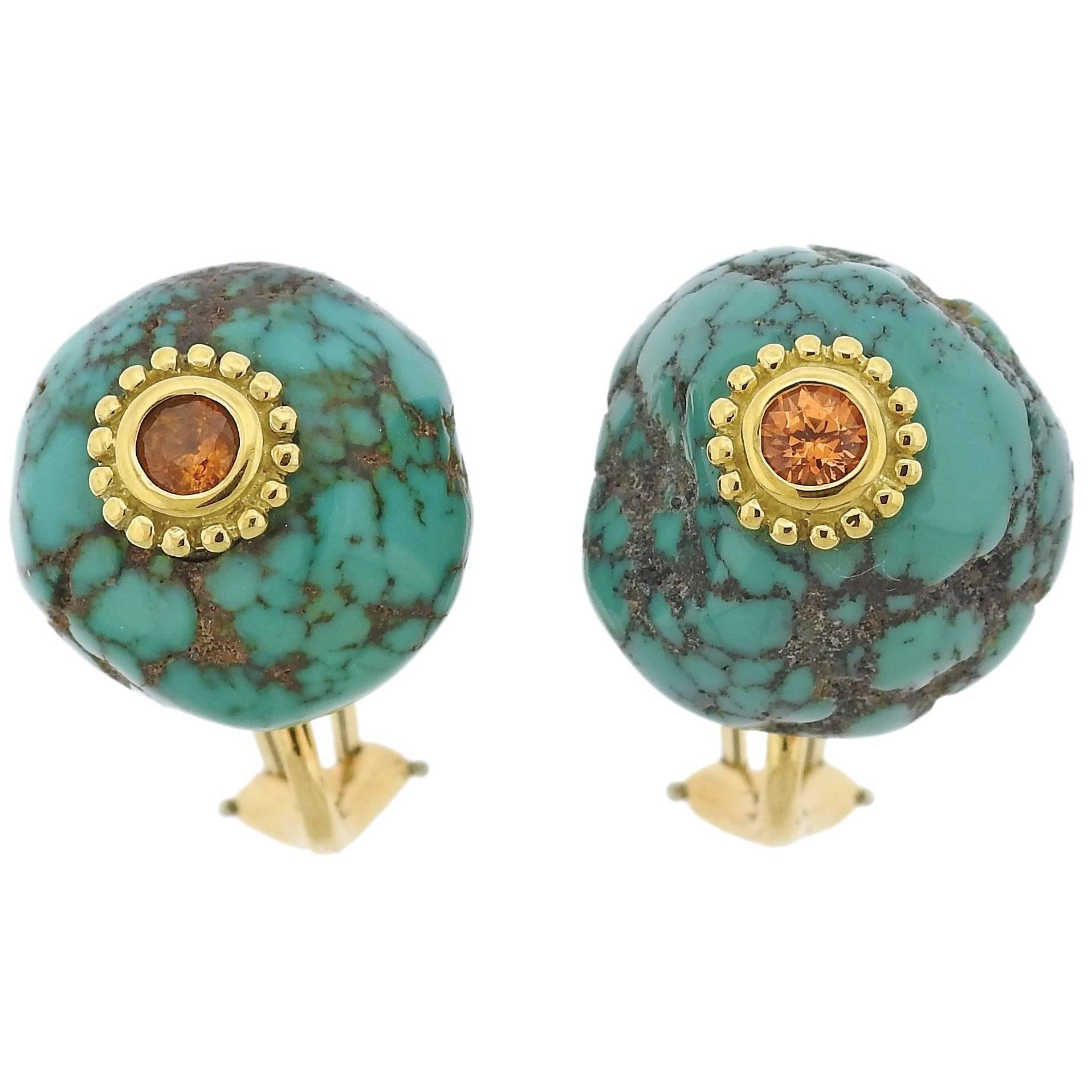 Haume Turquoise Citrine Gold Earrings  For Sale