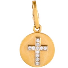Cartier Diamond Yellow Gold Round Cross Charm or Pendant