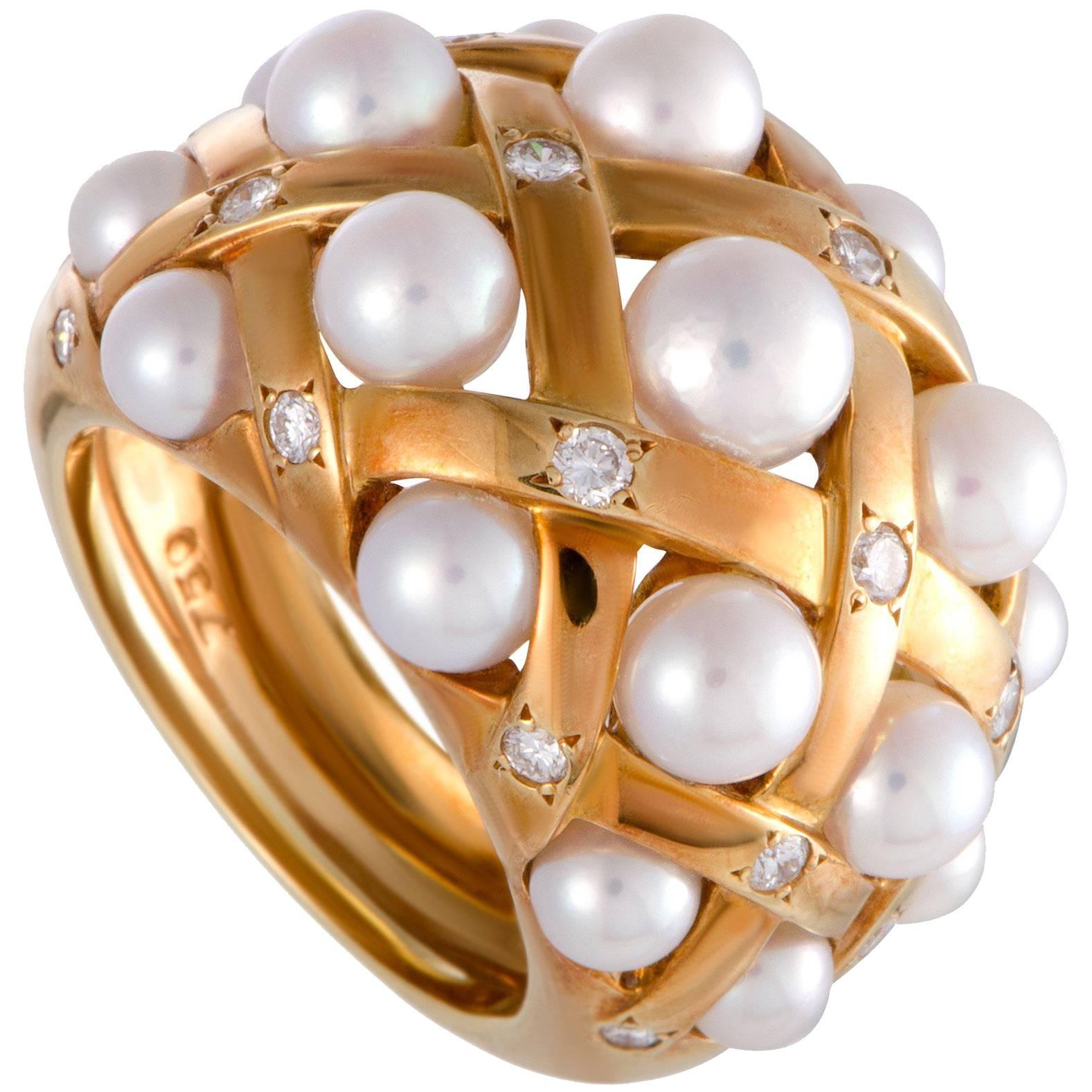 Chanel Matelasse Diamond and Pearl Band Ring