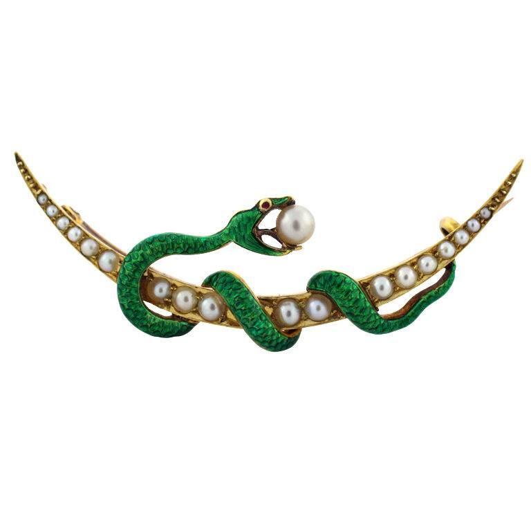 Enamel Seed Pearl Gold Snake Brooch For Sale