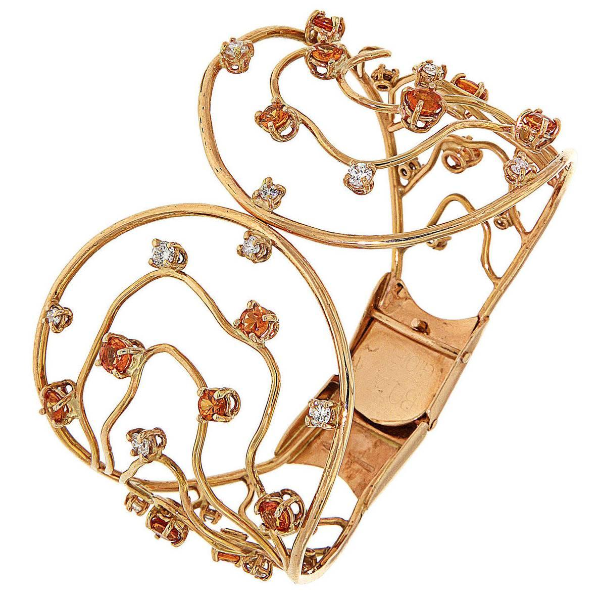 Armband aus Roségold mit orangefarbenen Saphiren und Diamanten, hergestellt in Italien von Botta Gioielli im Angebot