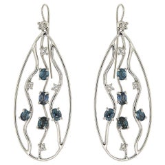 Diamonds Blue Sapphires 18 Karat White Gold Drop Earrings Made In Italy