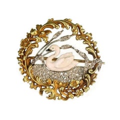 French Art Nouveau Enameled Swan on Diamond Lake Brooch 18 Karat Yellow Gold