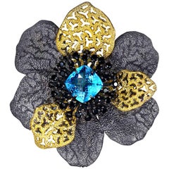 Blue Topaz Spinel Sterling Silver Gold Textured Brooch Pendant Headpiece