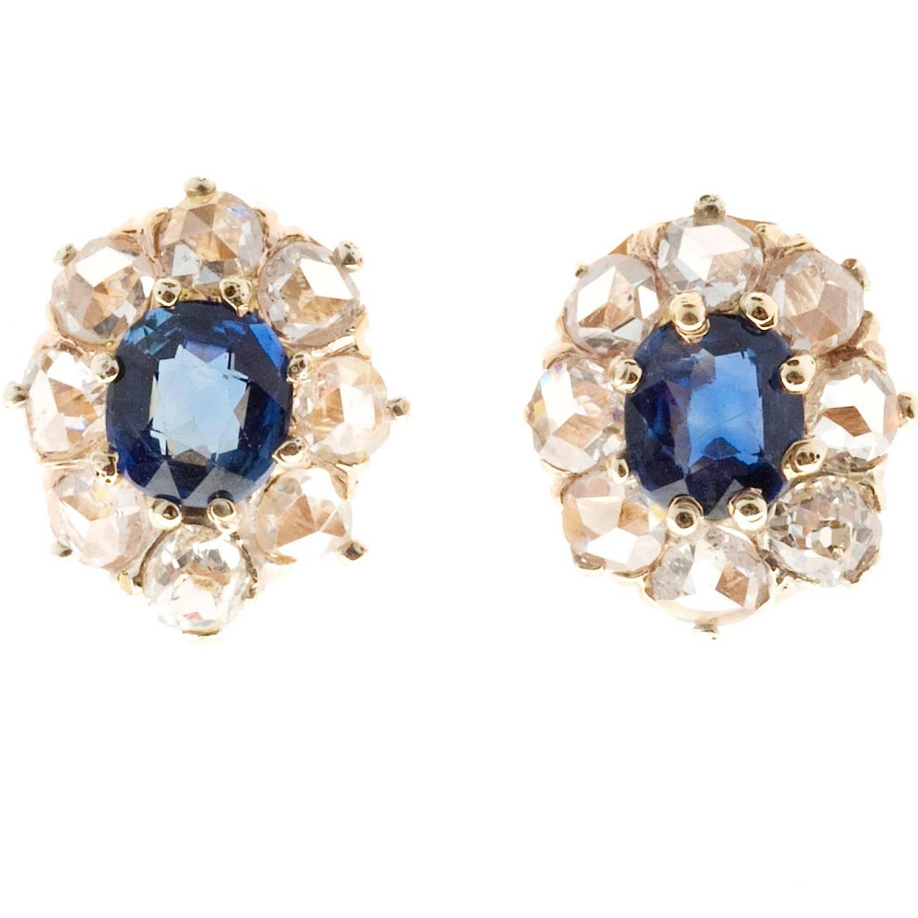 Sapphire Rose Cut Diamond Halo Gold Earrings