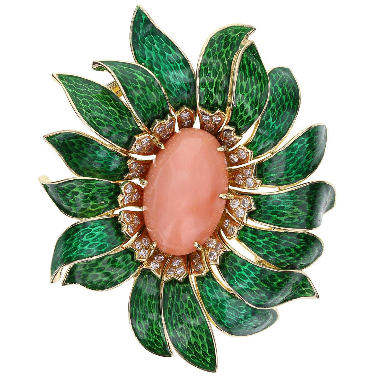 Van Cleef & Arpels Enamel Coral Diamond Flower Pendant/Brooch For Sale