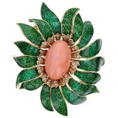 Van Cleef & Arpels Enamel Coral Diamond Flower Pendant/Brooch
