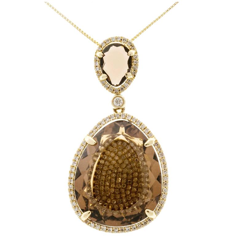 Smoky Quartz Micro Pave Diamond Gold Pendant Necklace For Sale at 1stDibs