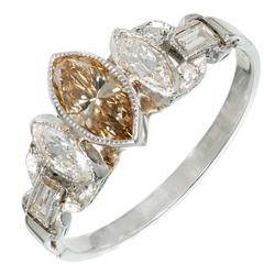 Natural Brown Yellow Marquise Diamond Art Deco Platinum Engagement Ring 11