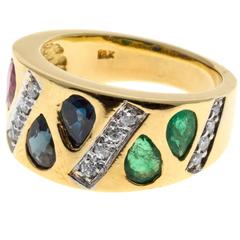 Pear Emerald Ruby Sapphire Diamond Gold Diamond Band Ring 11