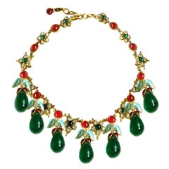 Vintage Chanel  '70s Collector's Necklace with Green Gripoix Drops and Rhinestone Flower