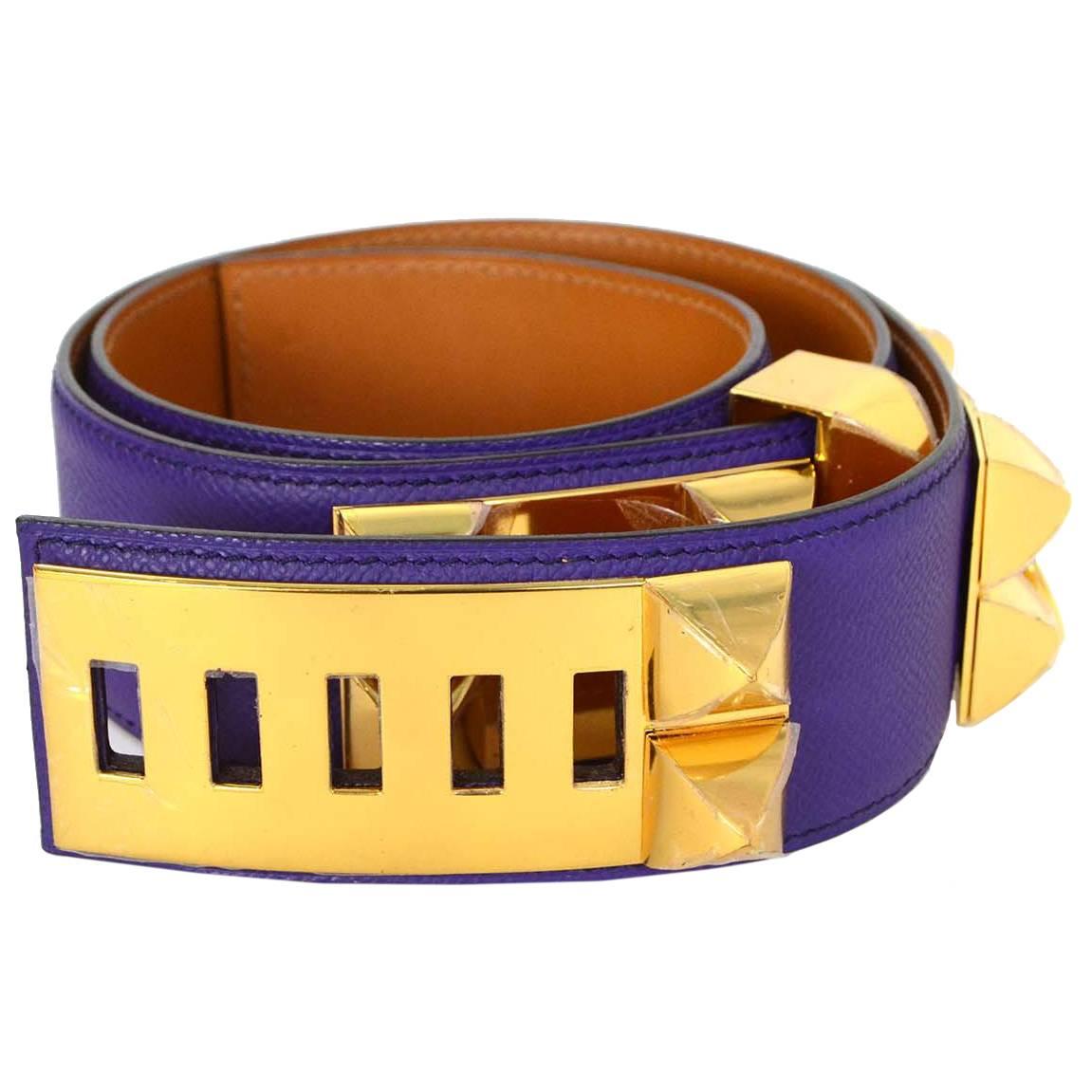 Hermes New Iris Purple Leather Collier De Chien CDC Belt With Gold Hardware, Box