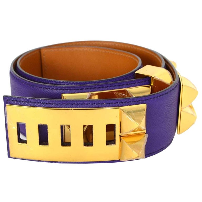 Hermes New Iris Purple Leather Collier De Chien CDC Belt With Gold Hardware, Box For Sale at