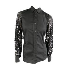 DRIES VAN NOTEN Size 8 Black Cotton / Silk Payette Sequin Sleeves Blouse