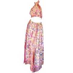 Retro Donald Brooks Pink Floral Print Halter Top + Palazzo Pant Ensemble Early 70s