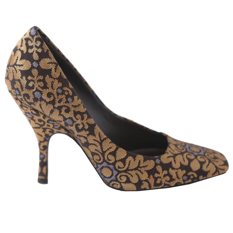 YSL Gold and Brown Brocade Heeled Pumps For Sale at 1stdibs