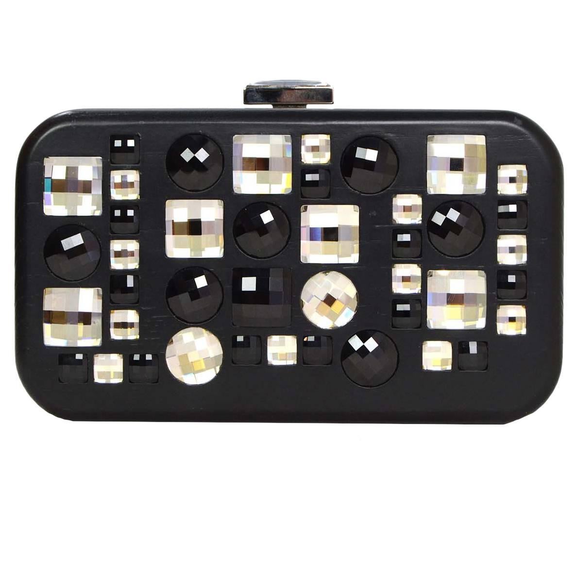 Devi Kroell Black Jeweled Hard Case Clutch SHW