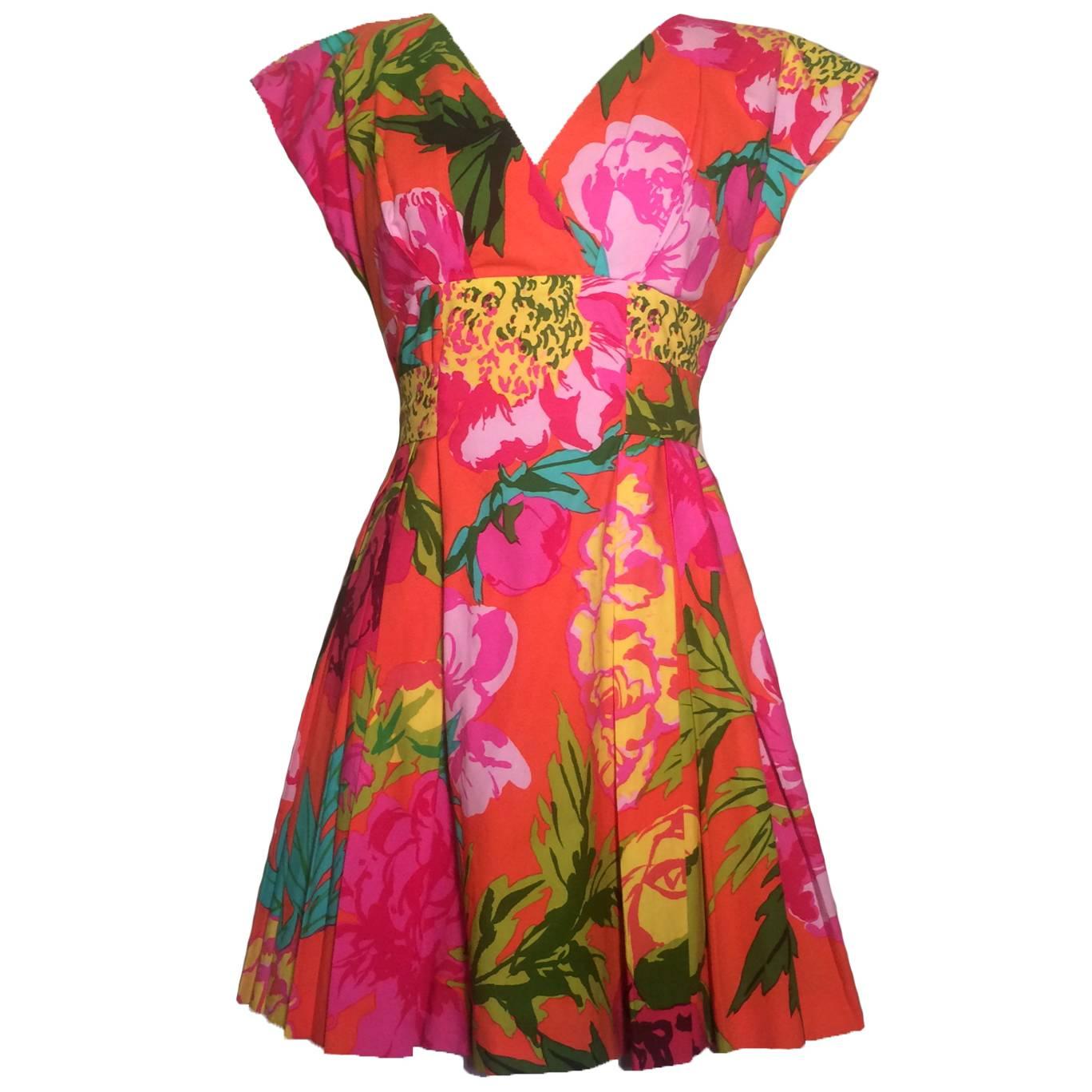 Moschino Couture! 1990s Pink Floral Print Cotton Sun Dress 