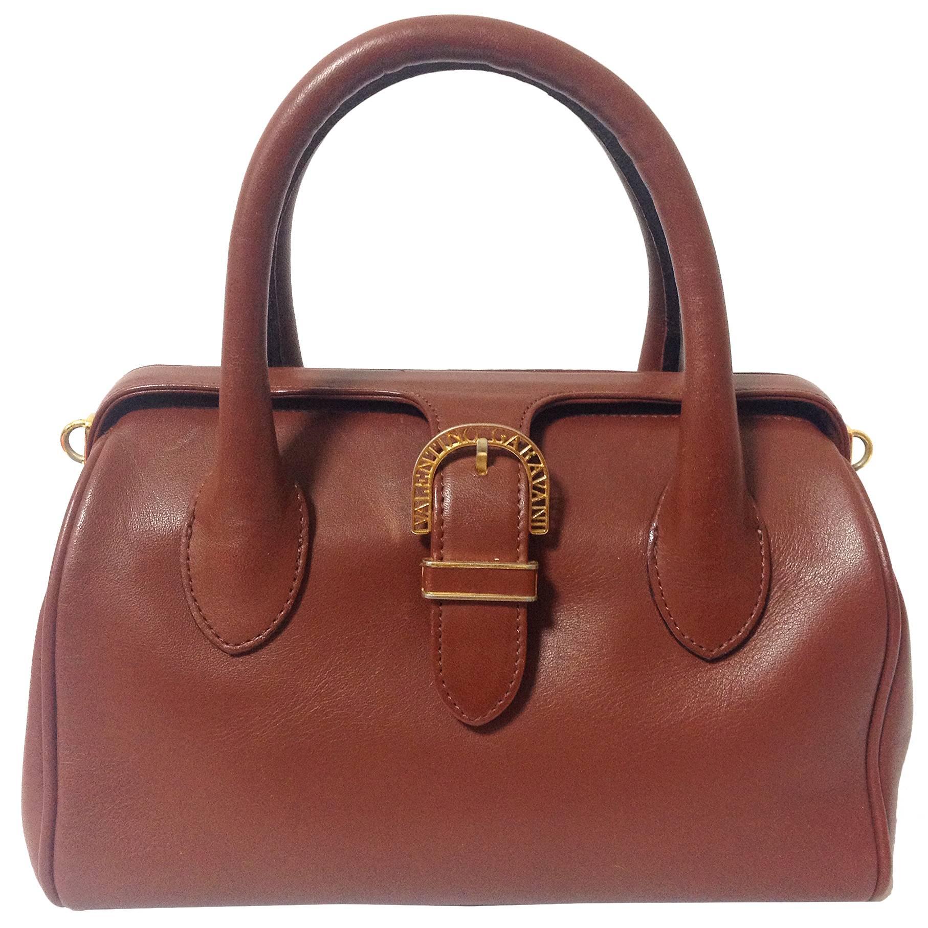 Vintage Valentino Garavani, brick brown leather mini handbag with golden logo 